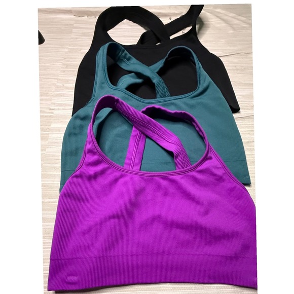 Athleta Solace Bra Bundle 3 Pack Black Teal Purple Large Seamless Ribbed Yoga - Picture 9 of 10
